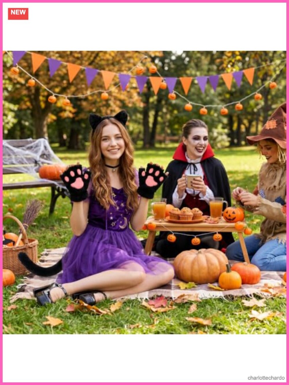 5 Pc Cat Costume Set Plush Ears Bell Choker Furry Gloves Tail Face Stickers - Picture 4 of 6